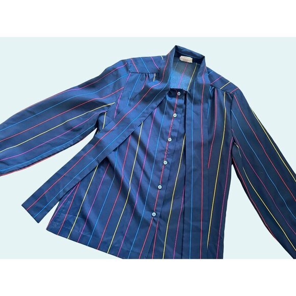 Vintage FRESH START Tie Neck Striped Blouse 70s 80s Navy Size Small - Picture 4 of 7